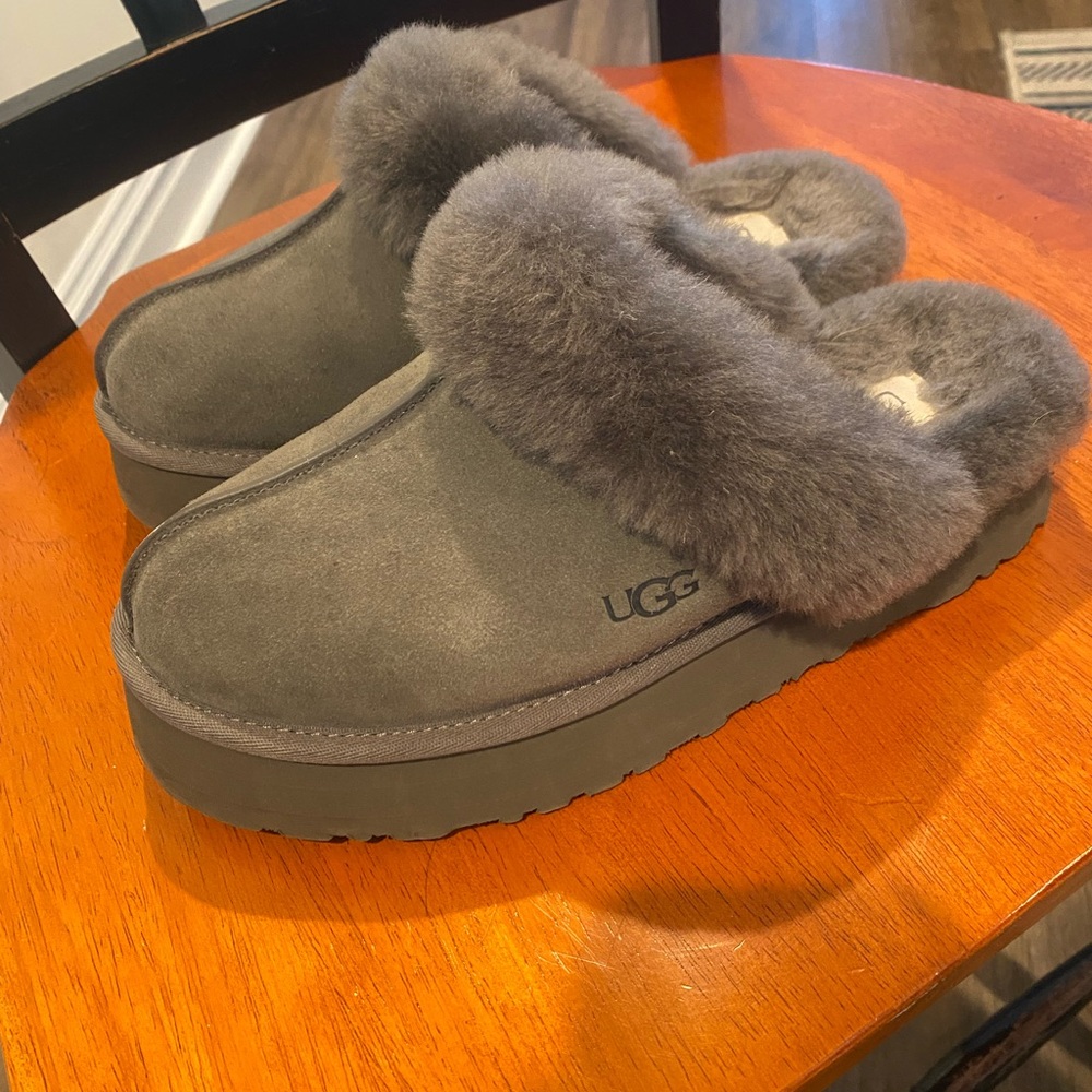 UGG Gray Suede Shearling Clog Slippers